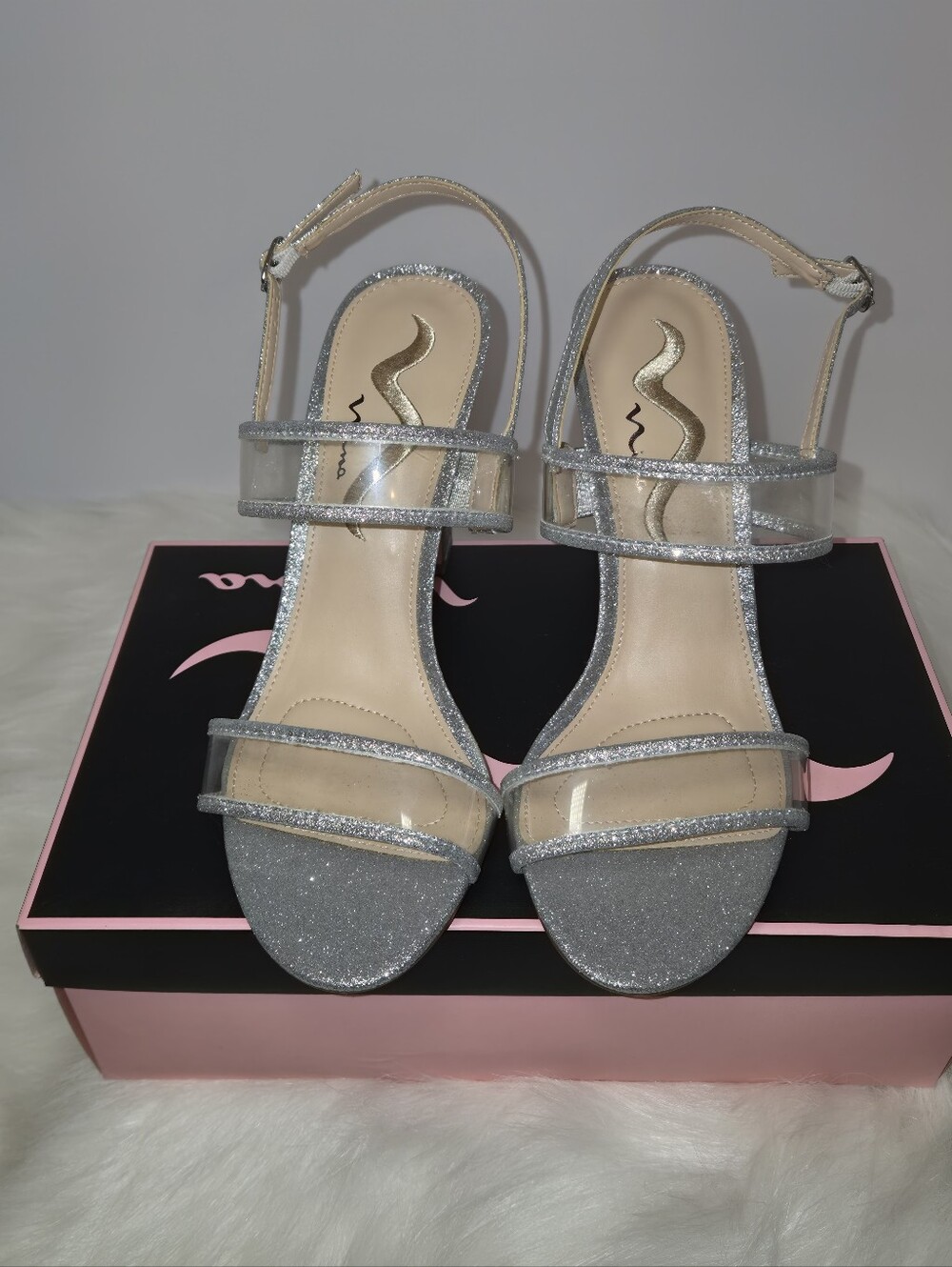 Nina Silver Glitter Clear Strap Heeled Sandals Size 9